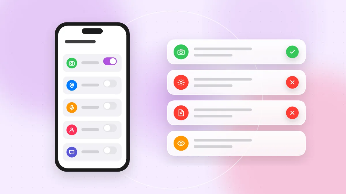 Illustration: a phone screen showing app permission switches for location, camera and contacts, some turned off
