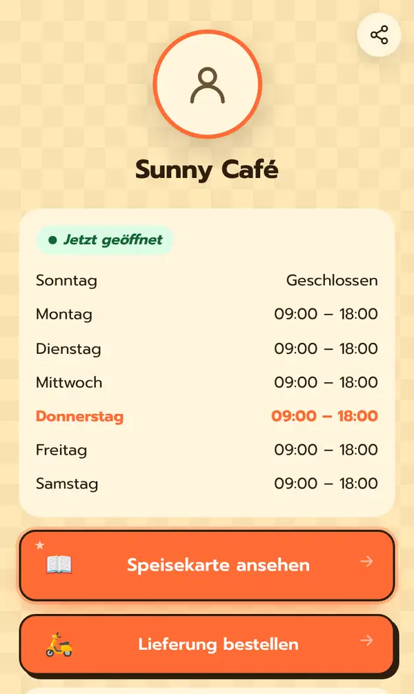 Öffentliche Bio-Seite von Sunny Café auf dem Handy: Avatar, Jetzt geöffnet, Öffnungszeiten von Montag bis Samstag, sonntags geschlossen, Buttons Speisekarte ansehen und Lieferung bestellen