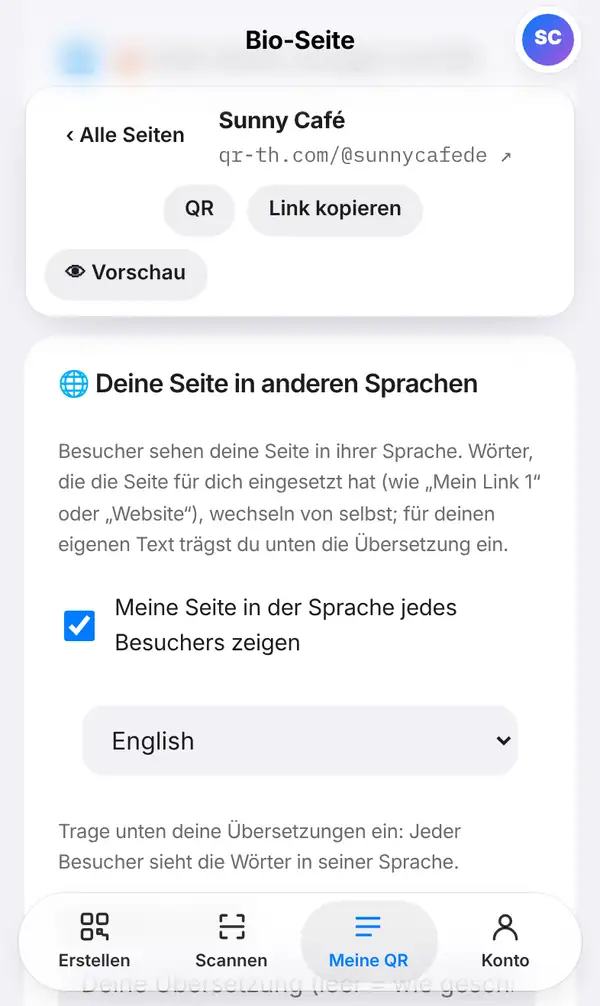 Karte Deine Seite in anderen Sprachen: Erklärung, Option „Meine Seite in der Sprache jedes Besuchers zeigen“, Sprachauswahl und Hinweis zum Übersetzen