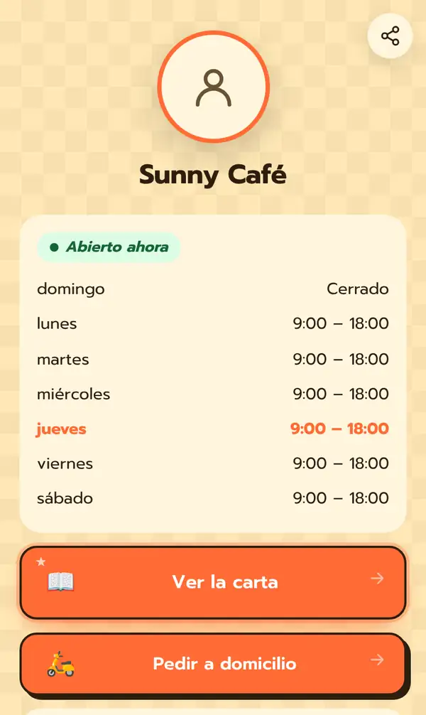 Página Bio pública de Sunny Café en un móvil con avatar, Abierto ahora, el horario de lunes a sábado de 9:00 a 18:00, domingo cerrado, y los botones Ver la carta y Pedir a domicilio