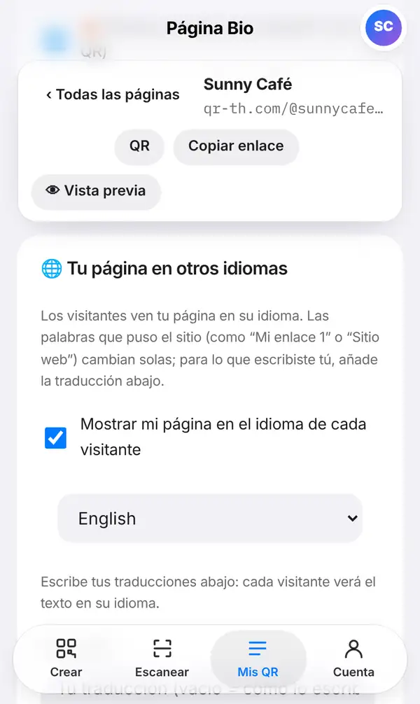 Tarjeta Tu página en otros idiomas: explicación, casilla Mostrar mi página en el idioma de cada visitante, selector de idioma y aviso para escribir traducciones