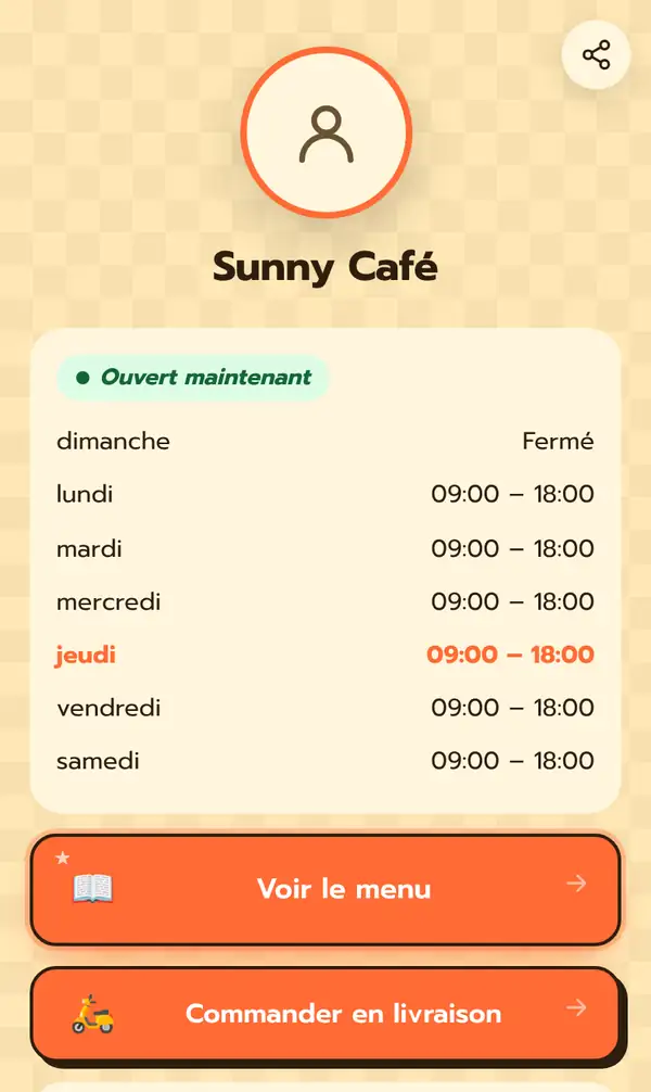 Page Bio publique de Sunny Café sur mobile : avatar, Ouvert maintenant, horaires de lundi à samedi, fermé le dimanche, boutons Voir le menu et Commander en livraison