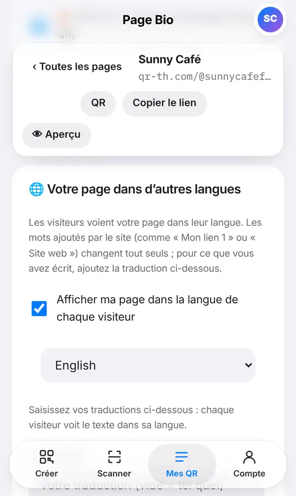 Carte Votre page dans d’autres langues : explication, case Afficher ma page dans la langue de chaque visiteur, choix de langue et consigne