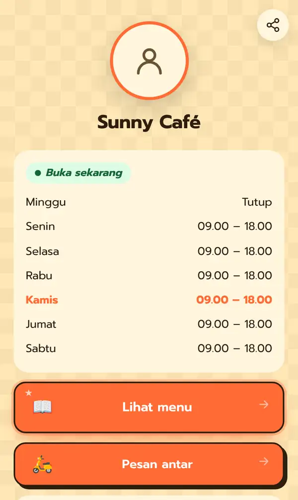Halaman Bio Sunny Café di ponsel: status Buka sekarang, jam buka Senin sampai Sabtu 09.00 – 18.00, Minggu Tutup, tombol Lihat menu dan Pesan antar