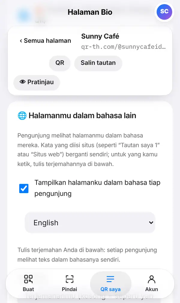 Kartu Halamanmu dalam bahasa lain di Halaman Bio Sunny Café: penjelasan, opsi tampilkan halaman dalam bahasa tiap pengunjung, pilihan bahasa dan petunjuk menulis terjemahan