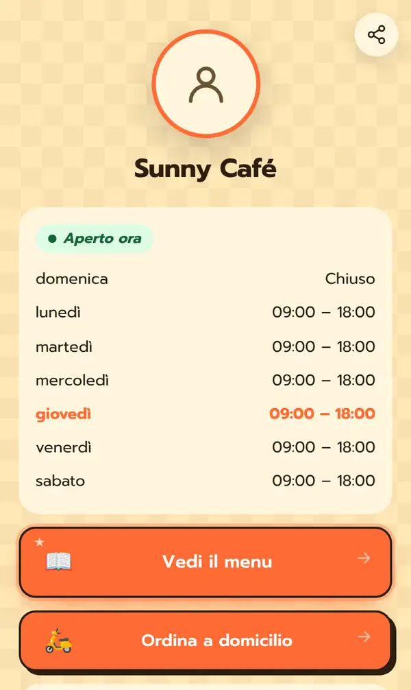 Pagina Bio pubblica di Sunny Café su smartphone con avatar, Aperto ora, orari dal lunedì al sabato 09:00 – 18:00, domenica chiuso, e i pulsanti Vedi il menu e Ordina a domicilio