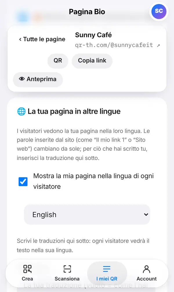 Scheda La tua pagina in altre lingue: spiegazione, opzione Mostra la mia pagina nella lingua di ogni visitatore, scelta della lingua e invito a tradurre