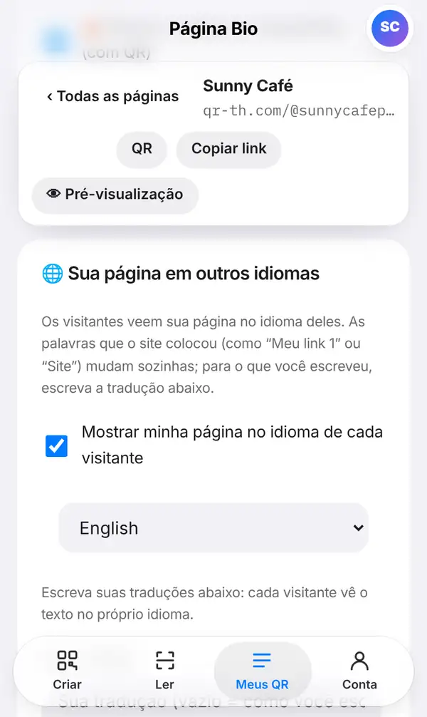 Cartão Sua página em outros idiomas: explicação, opção Mostrar minha página no idioma de cada visitante, escolha de idioma e dica de tradução