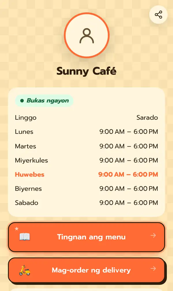 Bio page ng Sunny Café sa phone: Bukas ngayon, oras ng bukas, Sarado tuwing Linggo, at button na Tingnan ang menu at Mag-order ng delivery