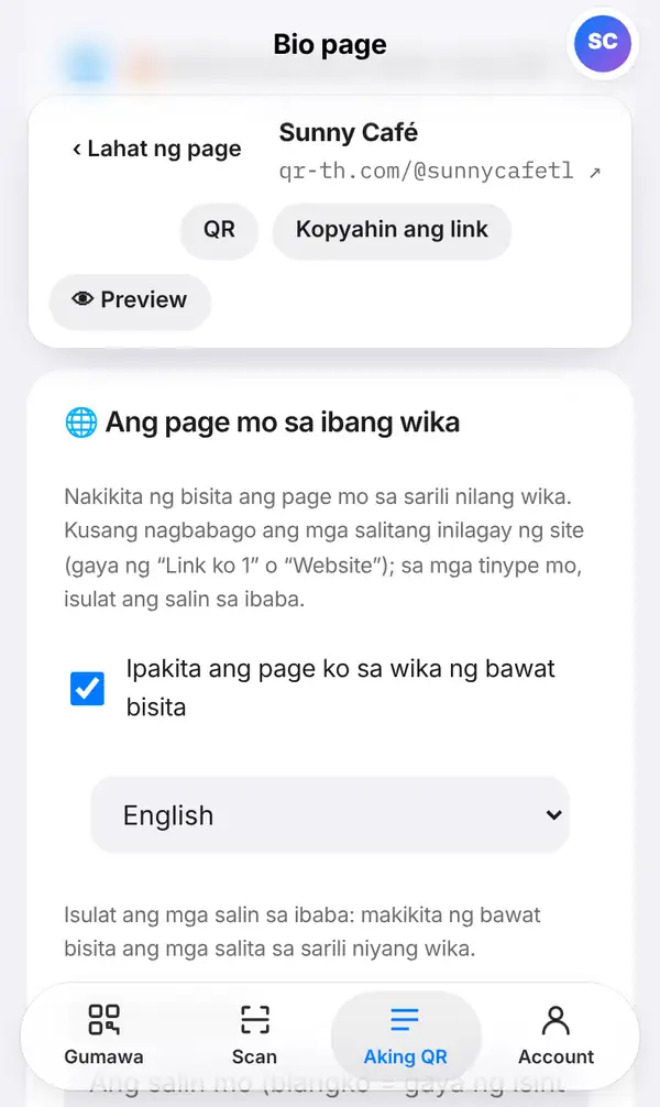 Card na Ang page mo sa ibang wika: paliwanag, opsyong ipakita ang page sa wika ng bawat bisita, pagpili ng wika at paalala sa salin