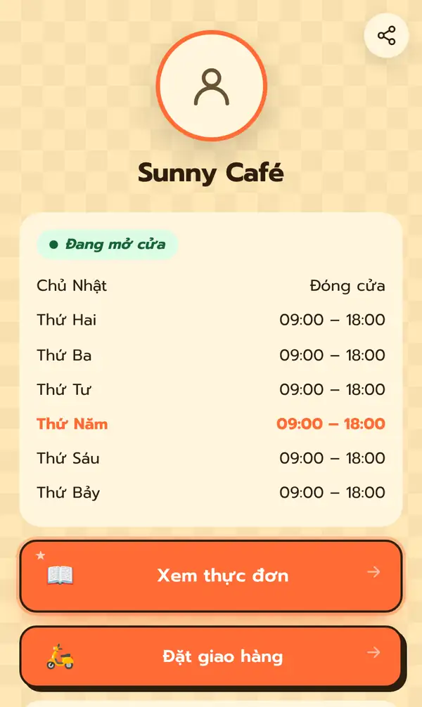 Trang Bio công khai của Sunny Café trên điện thoại: ảnh đại diện, tên quán, nhãn Đang mở cửa, giờ mở cửa 09:00 – 18:00 từng ngày với Chủ Nhật đóng cửa, và hai nút lớn Xem thực đơn, Đặt giao hàng