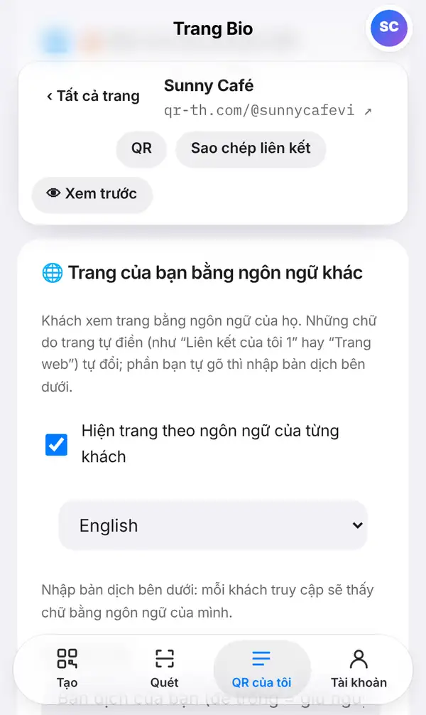 Thẻ Trang của bạn bằng ngôn ngữ khác: lời giải thích, ô Hiện trang theo ngôn ngữ của từng khách, chọn ngôn ngữ và gợi ý nhập bản dịch bên dưới