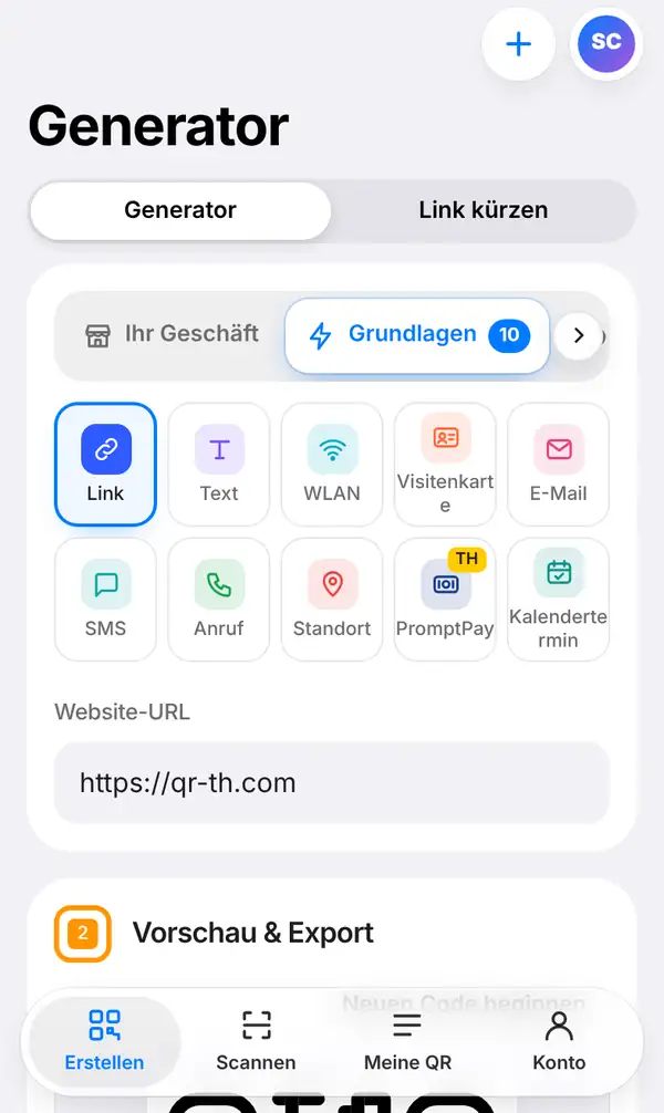 Generator-Bildschirm auf dem Handy mit Umschalter Generator / Link kürzen, QR-Arten wie Link, Text, WLAN, Visitenkarte, PromptPay und dem Feld Website-URL