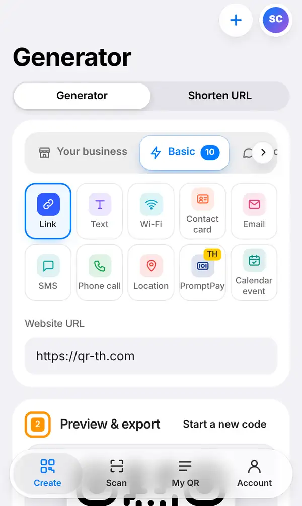 QR-TH Create screen on a phone: Generator title, Generator and Shorten URL switch, QR kinds such as Link, Wi-Fi, PromptPay, and the Website URL box