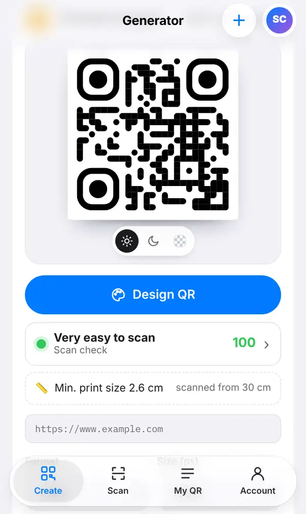 QR code preview, Design QR button, Scan check scoring 100 (Very easy to scan), Min. print size 2.6 cm and the address box