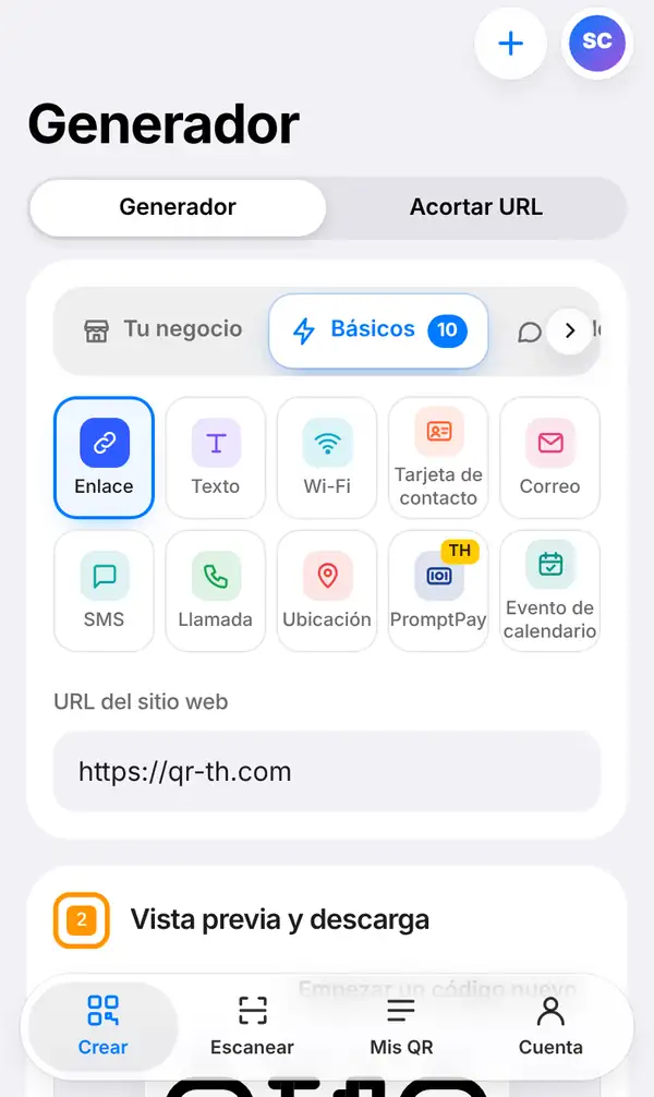 Pantalla Generador de QR-TH en un móvil con el selector Generador y Acortar URL, los tipos de QR básicos con Enlace marcado y la casilla URL del sitio web