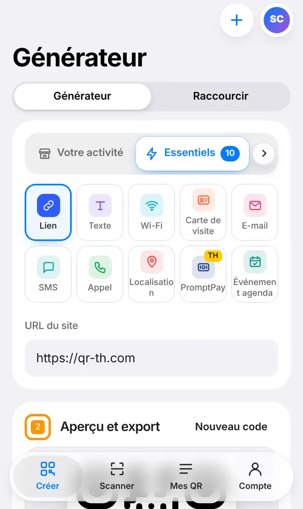 Écran Générateur sur mobile avec le sélecteur Générateur / Raccourcir, les types de QR (Lien sélectionné, Texte, Wi-Fi, Carte de visite…) et le champ URL du site