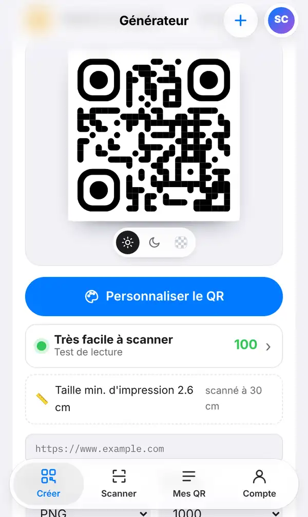 QR code, bouton Personnaliser le QR, Test de lecture à 100 « Très facile à scanner », taille minimale d'impression 2,6 cm et champ d'adresse