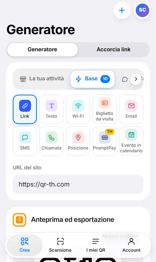 Schermata Generatore di QR-TH su smartphone con il selettore Generatore e Accorcia link, i tipi di QR di base con Link selezionato e il campo URL del sito