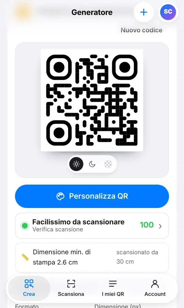 QR code, pulsante Personalizza QR, Verifica scansione con punteggio 100 «Facilissimo da scansionare», dimensione minima di stampa 2,6 cm, Formato e Dimensione