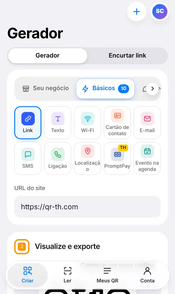Tela Gerador do QR-TH no celular com a chave Gerador e Encurtar link, os tipos de QR básicos com Link selecionado e o campo URL do site