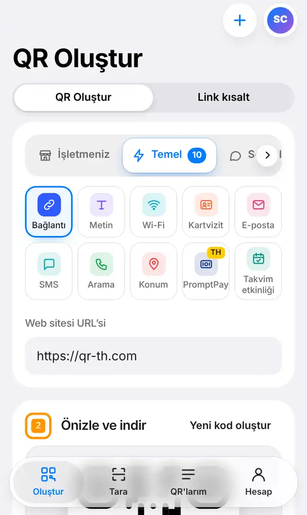 Telefonda QR-TH QR Oluştur ekranı: QR Oluştur ve Link kısalt anahtarı, Temel grupta Bağlantı seçili kod türleri ve Web sitesi URL'si kutusu