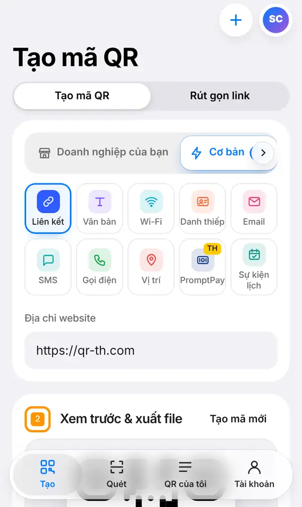 Màn hình Tạo mã QR trên điện thoại: nút chuyển giữa Tạo mã QR và Rút gọn link, các loại QR nhóm Cơ bản với Liên kết được chọn (Văn bản, Wi-Fi, Danh thiếp, PromptPay…) và ô Địa chỉ website