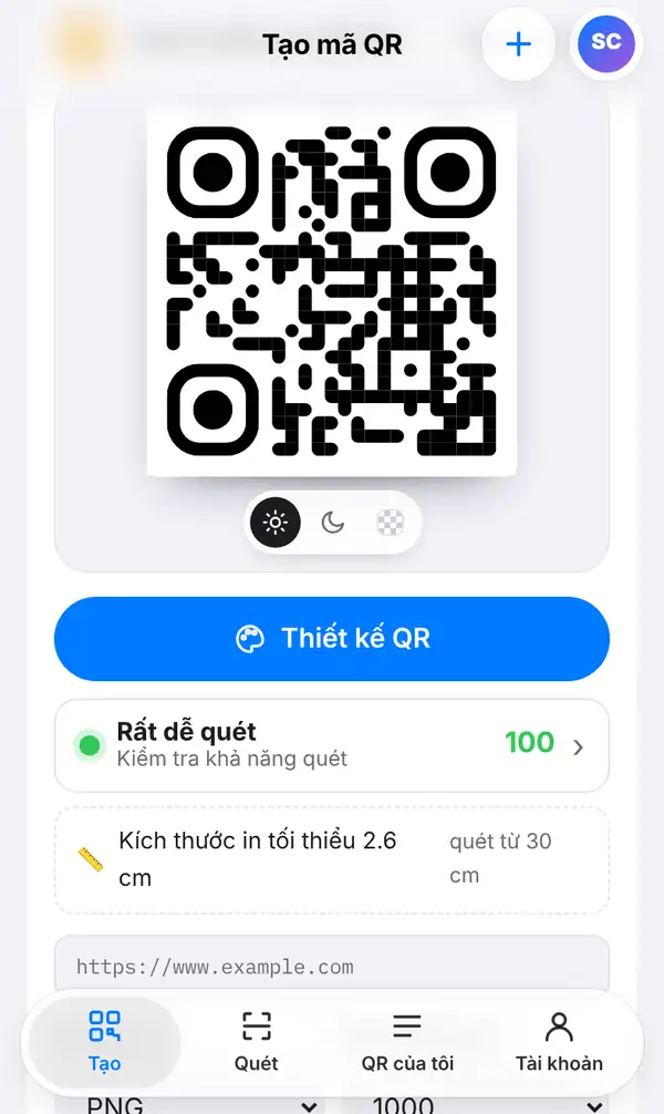 Mã QR, nút Thiết kế QR, điểm Kiểm tra khả năng quét 100 (Rất dễ quét), kích thước in tối thiểu 2.6 cm và ô nhập link