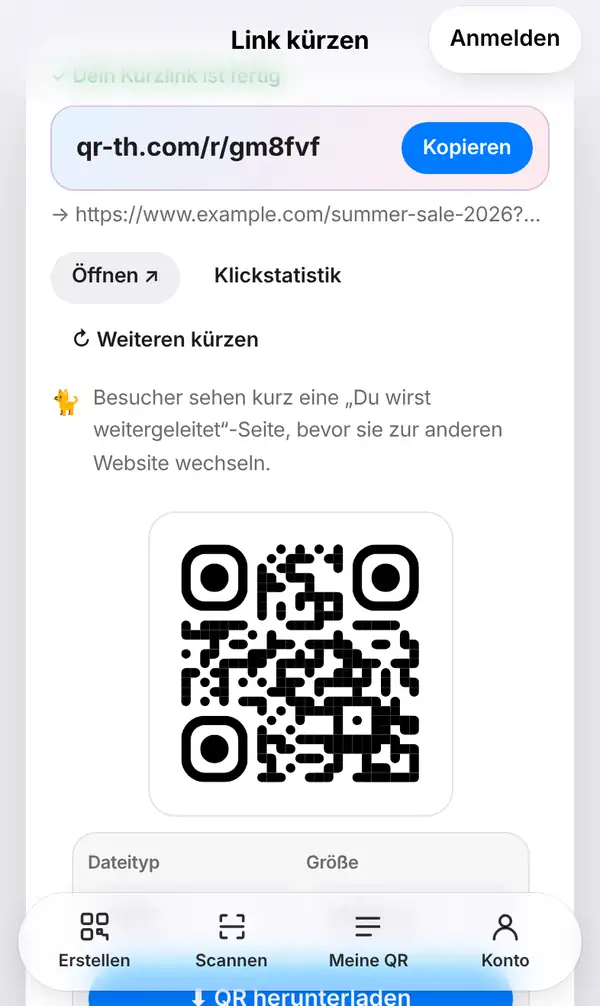 Bildschirm Link kürzen mit „Dein Kurzlink ist fertig“, dem Link qr-th.com/r/ und Kopieren, den Knöpfen Öffnen und Klickstatistik sowie dem QR-Code