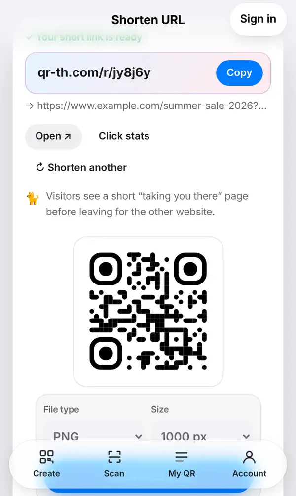 Shorten URL screen: Your short link is ready, qr-th.com/r/ link with Copy, the long link, Open, Click stats, Shorten another and the QR code