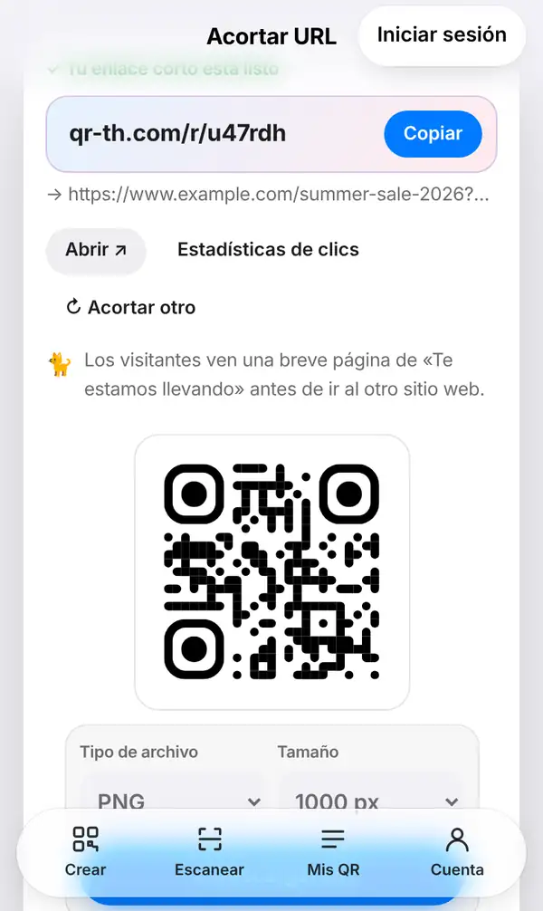 Pantalla Acortar URL con el enlace corto qr-th.com/r/ listo, el botón Copiar, el enlace largo debajo, Abrir, Estadísticas de clics, Acortar otro, el aviso de la página previa y el código QR