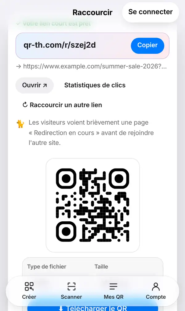 Écran Raccourcir avec Votre lien court est prêt, le lien qr-th.com/r/ et Copier, les boutons Ouvrir et Statistiques de clics, et le QR code