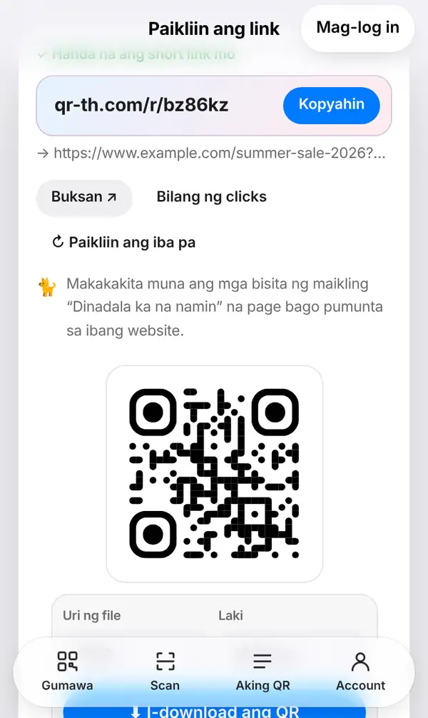 Short link na qr-th.com/r/ na may Kopyahin, mahabang link, Buksan, Bilang ng clicks, Paikliin ang iba pa at QR code ng link