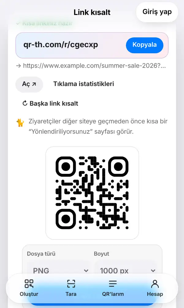 Kısalt düğmesine basıldıktan sonra Link kısalt ekranı: Kopyala düğmeli qr-th.com/r kısa linki, uzun link, Aç, Tıklama istatistikleri, Başka link kısalt ve kısa linkin QR kodu