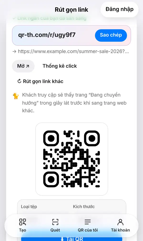 Màn hình Link ngắn của bạn đã sẵn sàng: link qr-th.com/r/ với nút Sao chép, link gốc bên dưới, nút Mở, Thống kê click, Rút gọn link khác, ghi chú về trang “Đang chuyển hướng” và mã QR của link ngắn