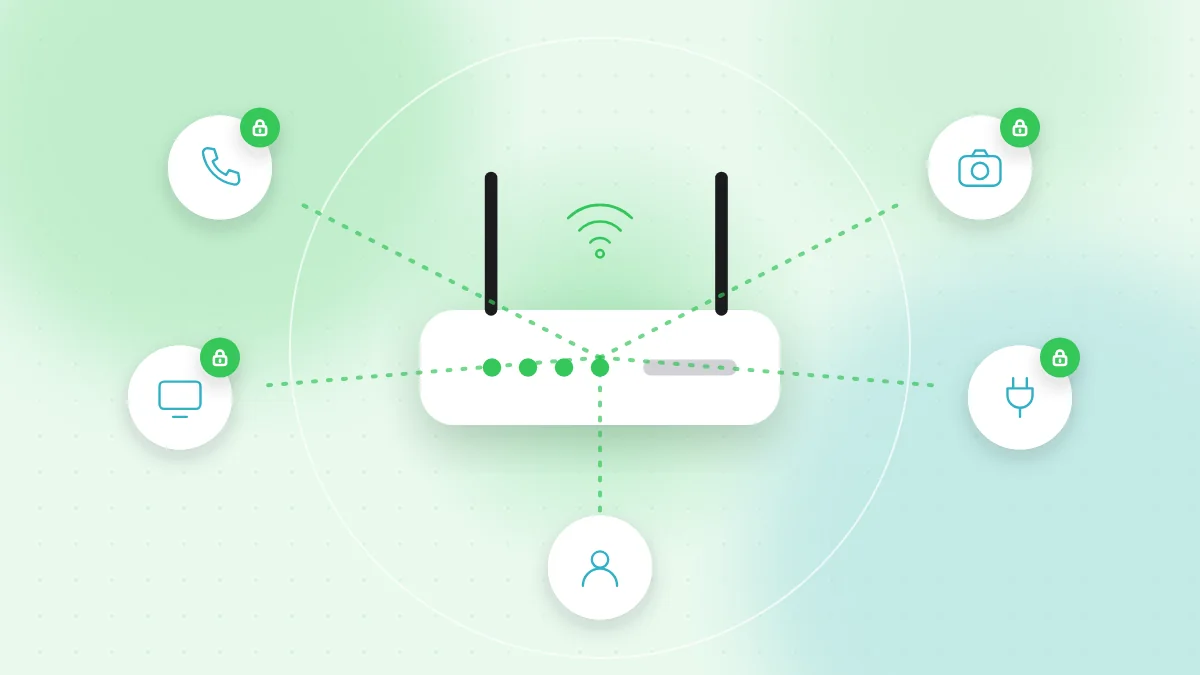 Illustrazione: un router Wi-Fi di casa collegato a telefono, telecamera smart, TV e presa smart, con un lucchetto sopra