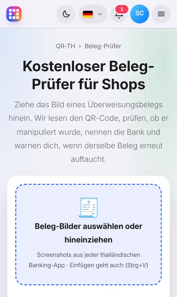 Die Seite Beleg-Prüfer mit Überschrift, kurzer Erklärung und dem Feld für Beleg-Bilder