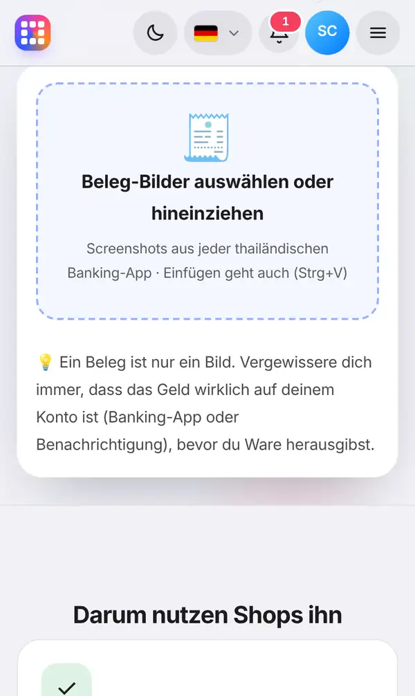 Das Feld zum Auswählen oder Hineinziehen von Beleg-Bildern mit dem Hinweis, dass ein Beleg nur ein Bild ist