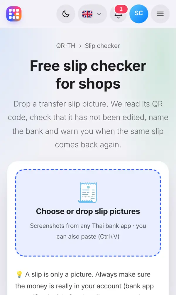 The Slip checker page with its heading, a short explanation and the box for slip pictures