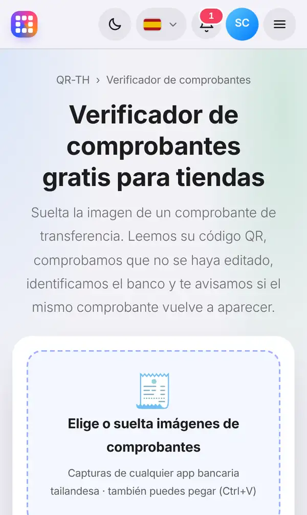 Página del verificador de comprobantes con su título, una breve explicación y el recuadro para las imágenes de comprobantes