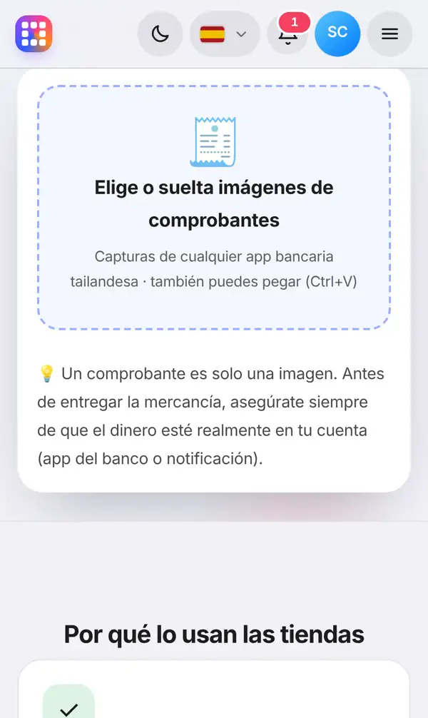 Recuadro para elegir o soltar la imagen del comprobante, con el recordatorio de que un comprobante es solo una imagen