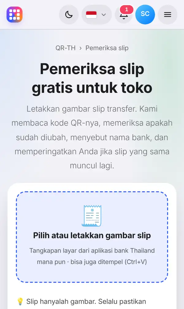 Halaman Pemeriksa slip dengan judul, penjelasan singkat dan kotak untuk gambar slip