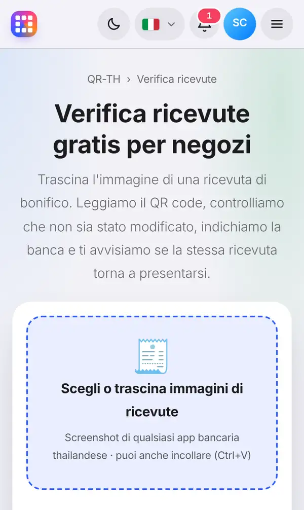 La pagina Verifica ricevute con il titolo, una breve spiegazione e il riquadro per le immagini delle ricevute