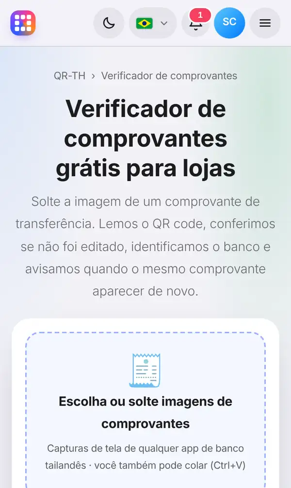 Página do verificador de comprovantes com o título, uma explicação curta e a área para as imagens de comprovantes