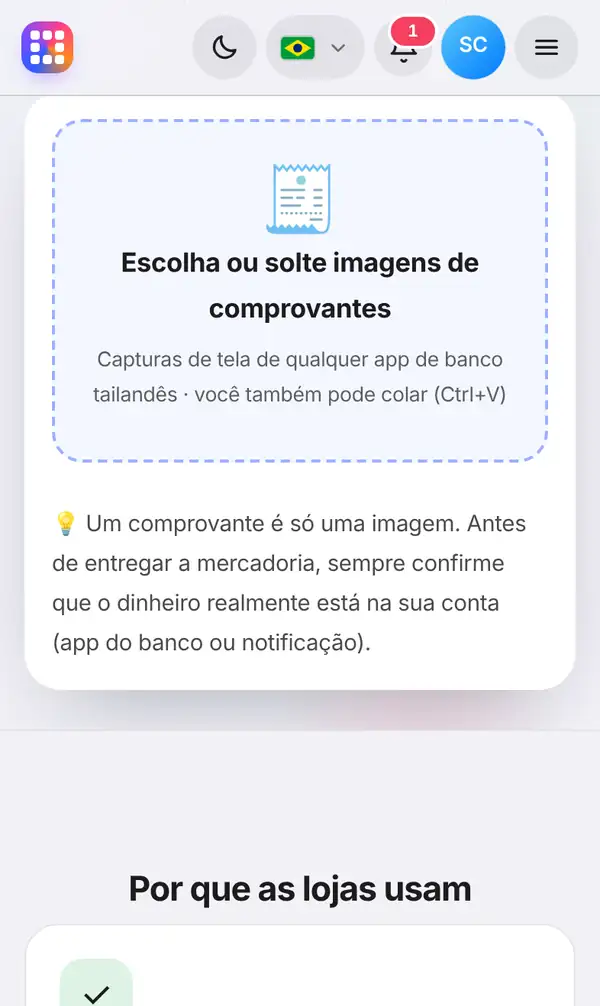 Área para escolher ou soltar a imagem do comprovante, com o lembrete de que um comprovante é só uma imagem