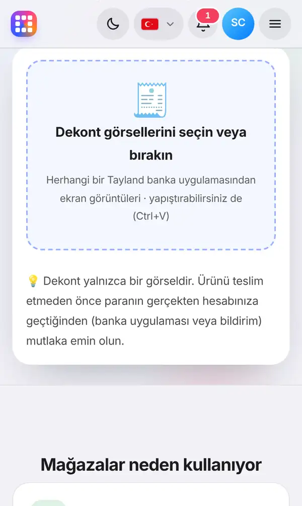 Dekont görselinin seçildiği ya da bırakıldığı kutu ve dekontun yalnızca bir görsel olduğunu hatırlatan not