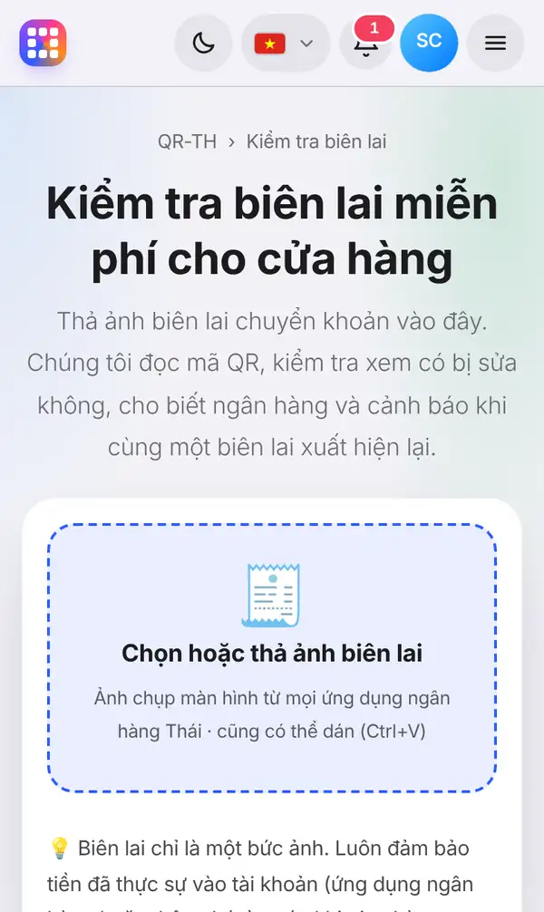 Trang Kiểm tra biên lai miễn phí cho cửa hàng với lời giải thích ngắn và ô Chọn hoặc thả ảnh biên lai