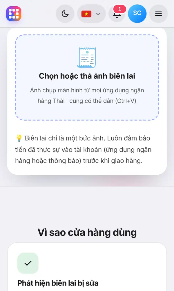 Ô Chọn hoặc thả ảnh biên lai với lời nhắc biên lai chỉ là một bức ảnh, hãy kiểm tra tiền đã vào tài khoản