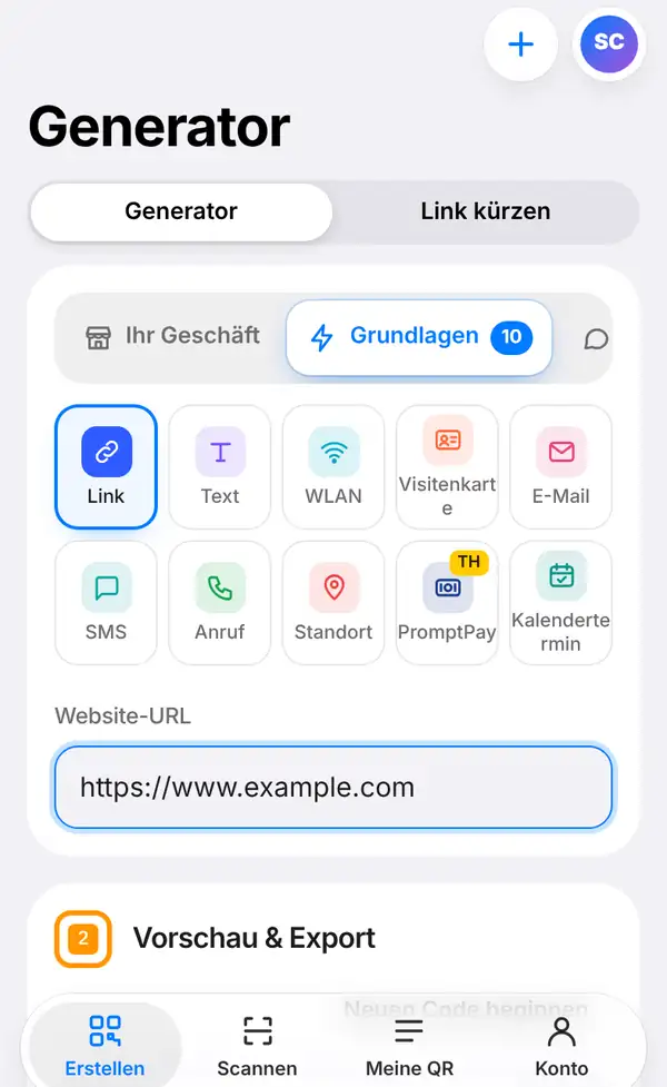 Der Bildschirm Erstellen mit geöffneter Gruppe Grundlagen, ausgewähltem Link und https://www.example.com im Feld Website-URL