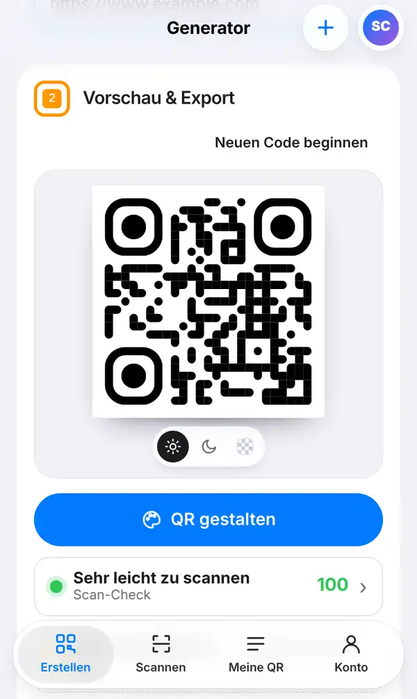 Der Bereich Vorschau & Export mit dem QR-Code, dem Knopf QR gestalten, einem Scan-Check von 100 und der kleinsten Druckgröße